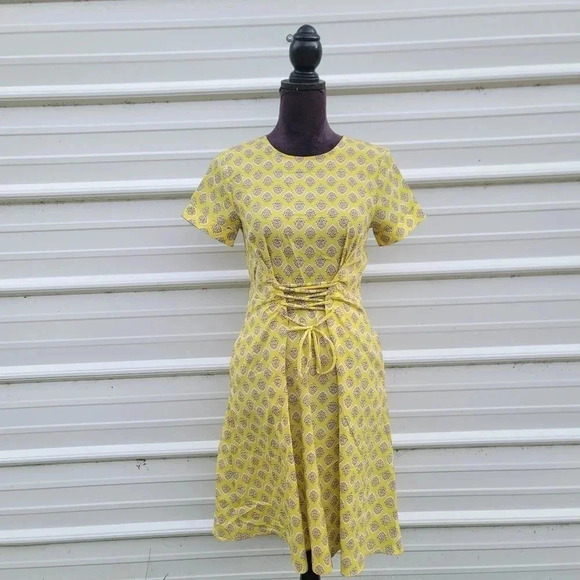 Banana Republic Women's Yellow Floral Paisley Lace Up Aline Dress Short Sz 0 - Picture 1 of 16